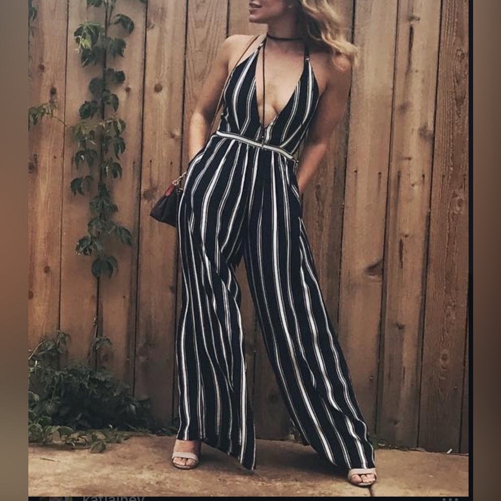 Faithfull the Brand Navy Blue and White Striped Jumpsuit